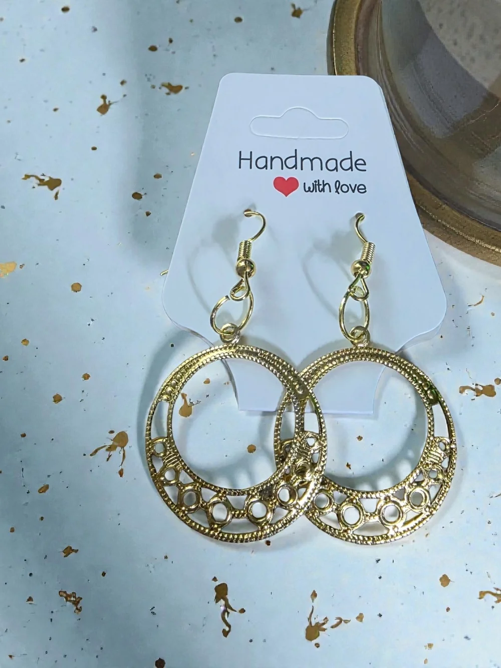 Handmade Gold Tone Textured Open Circle Drop Earrings